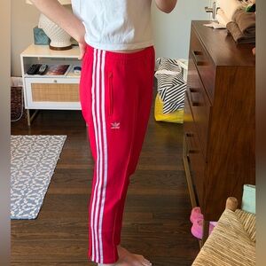 adidas Red Track Joggers with White Three-Stripes